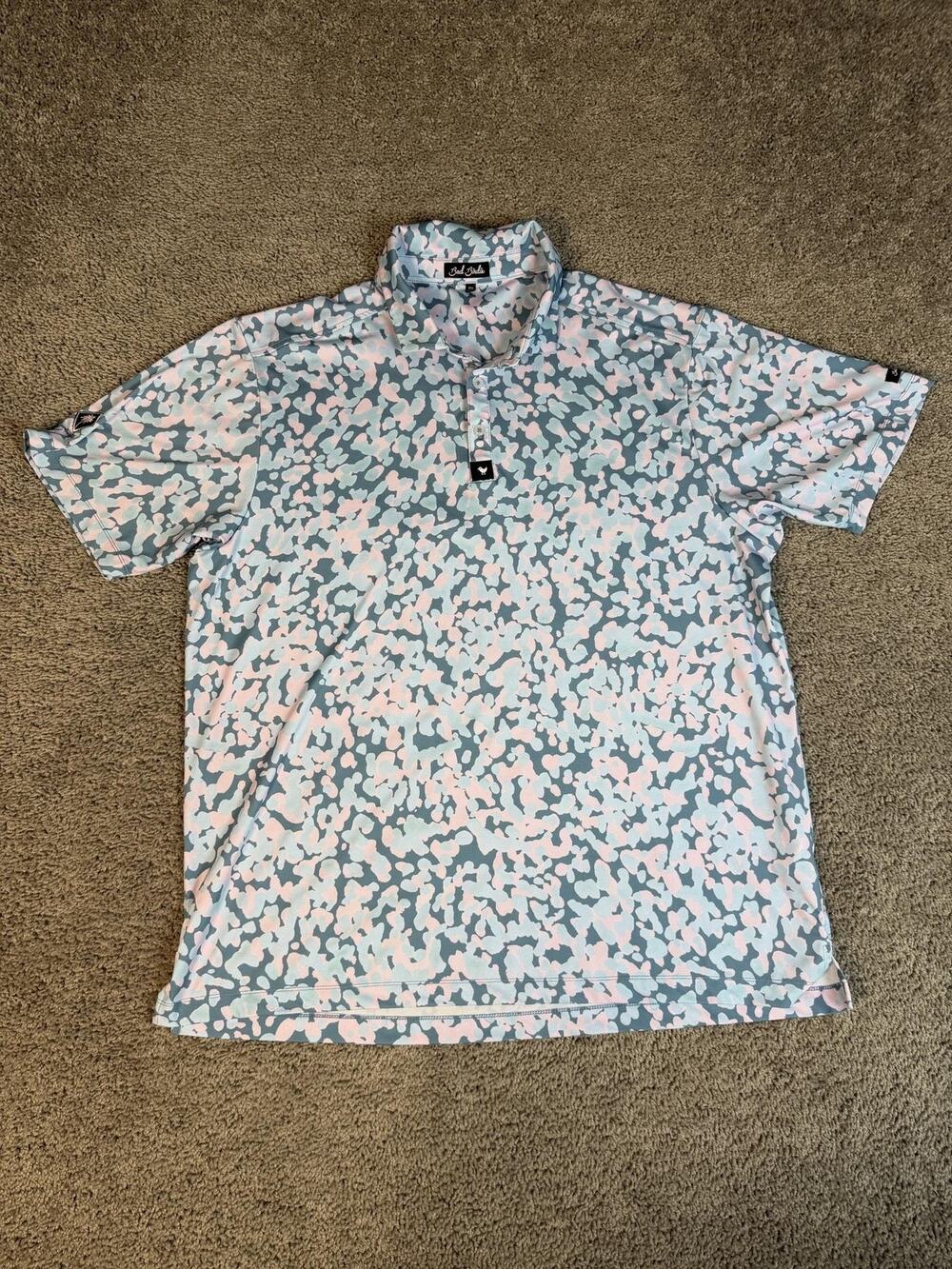 Bad Birdie Air Drop Polo Shirt Mens 2XL Blue Pink Camouflage Golf Stretch